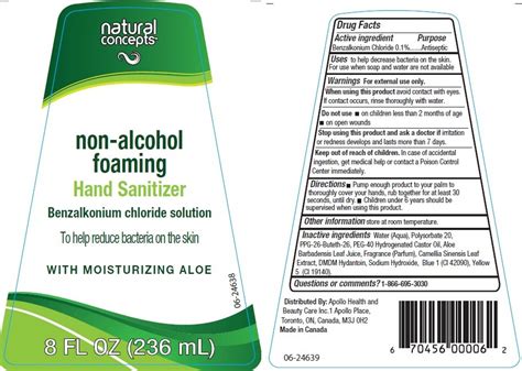 Which hand sanitizer is the most effective, what are the benefits of each, and how do you choose between them? Natural Concepts Non-Alcohol Foaming Hand Sanitizer (solution) Apollo Health and Beauty Care Inc.