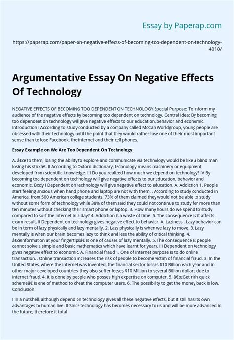 Argumentative Essay On Negative Effects Of Technology Free Essay Example