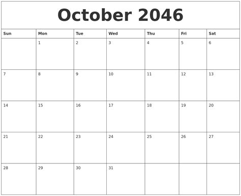 October 2046 Free Printable Weekly Calendar