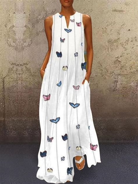 Womens A Line Dress Maxi Long Dress Sleeveless Butterfly Animal