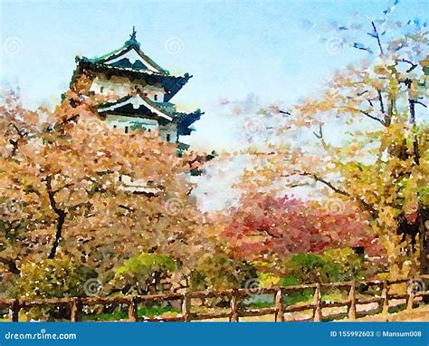 Watercolor Of Landscape In Japan Stock Illustration Illustration Of