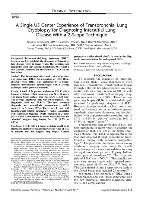 Pdf A Single Us Center Experience Of Transbronchial Lung Cryobiopsy For Diagnosing