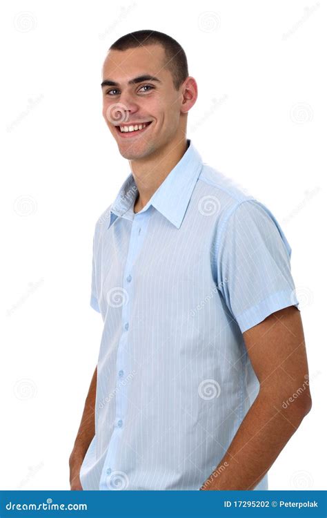 Handsome Smiling Young Man In Blue Shirt Isolated Stock Photo Image