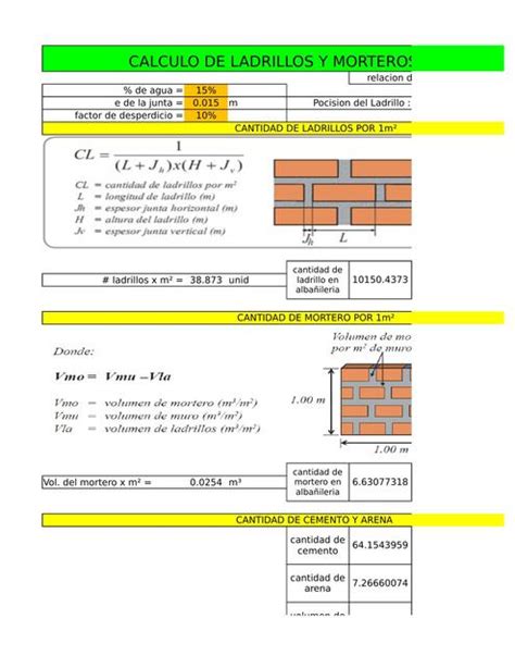 Hoja De Excel De Calculo De Ladrillo Y Mortero UDocz