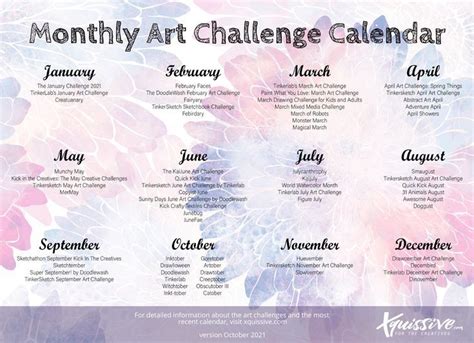 Printable Monthly Art Challenge Calendar Drawing Challenge Art