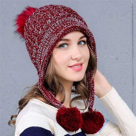 2018 winter hat female pompom fur hats for women ladies knit cap ear protection thick warm wool
