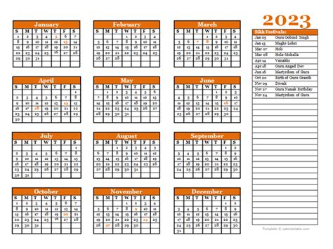 2023 Sikh Festivals Calendar Template Free Printable Templates