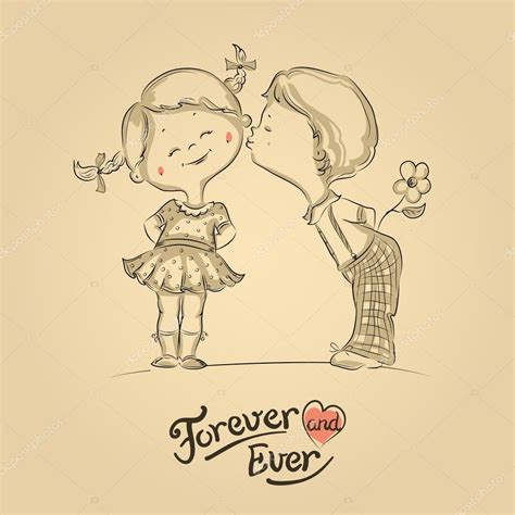 Hand Drawn Illustration Of Kissing Boy And Girl Stock Vector Image By