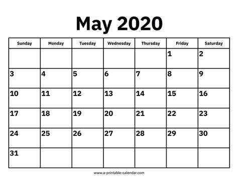 May 2020 Calendar A Printable Calendar