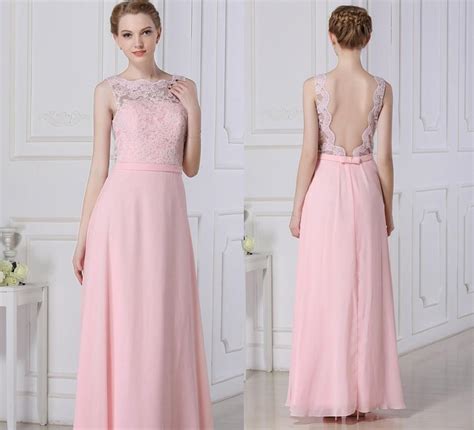Elegant Long Lace Bridesmaid Dress Pink Chiffon Dress A Line Floor