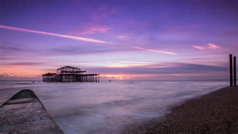 United Kingdom England Brighton Pier Sea Strait Calm Beach Night Sunset