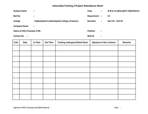 Attendance Sheet For Internship Training Pdf