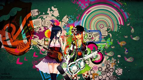 Wallpaper Colorful Illustration Anime Girls Guitar