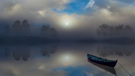 Nature Landscape Mist Sunrise Calm Atmosphere Trees Boat Lake