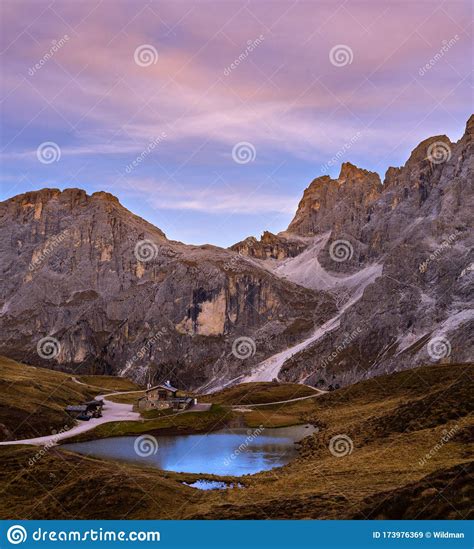 Evening Twilight Autumn Alpine Dolomites Mountain Scene Trento Italy