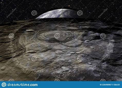 Mysterious Surface Of The Moon With Meteorite Craters And The Earth