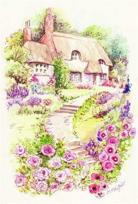 Love Cottage Gardens Cottage Art Watercolor House Painting Art