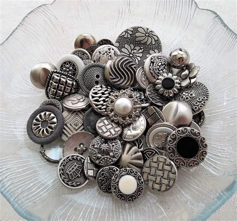 50 Vintage Silver Sewing Buttons Mixed Lot Grab Bag Metal Etsy