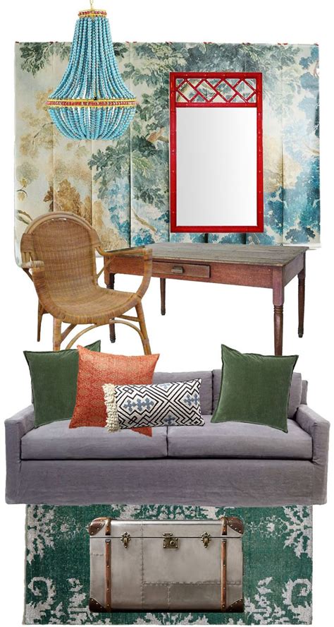 A Living Room Filled With Furniture Next To A Wallpapered Wall And A Mirror
