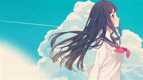 Wallpaper Illustration Long Hair Anime Sky Clouds School Uniform Blushing Screenshot