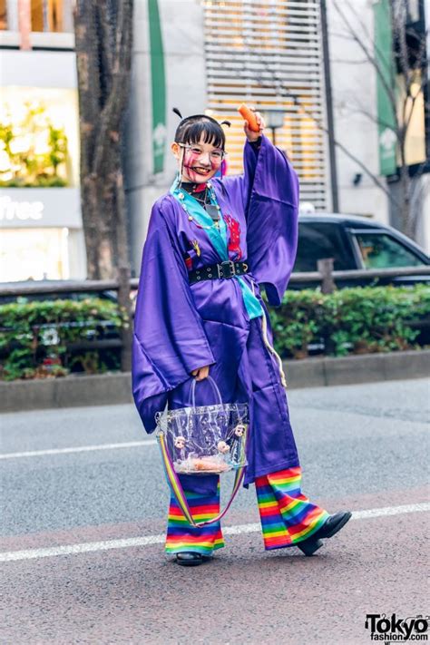Kobinai Kimono Japanese Street Style W Shaved Hairstyle Rainbow Pants