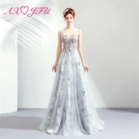Axjfu Princess Grey Lace Flower Evening Dress Luxury Illusion Beading Crystal Grey Beach Stage