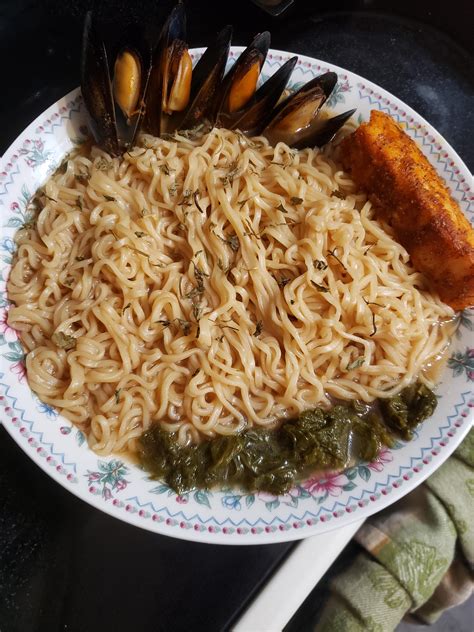 Maruchan Instant Ramen With Clams Baked Fish And Mustard Greens I Made Also Garnished With