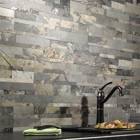 Simply peel off adhesive backing and stick to your wall! Aspect™ Stone 6in x 24in Peel and Stick Tile in Medley ...