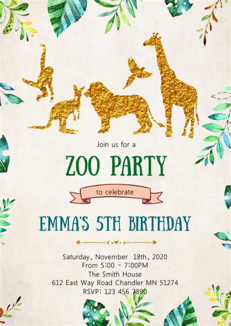 Gold Animals Zoo Birthday Party Invitation Template Postermywall