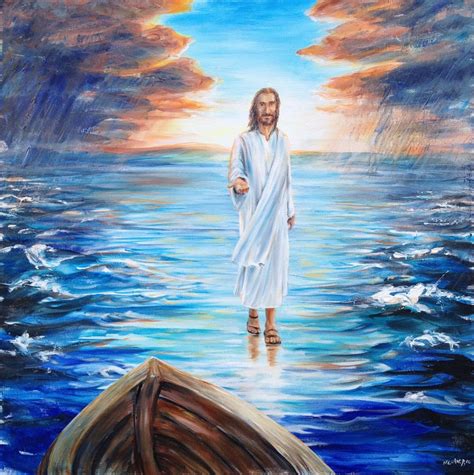Walking On Water Oil Painting Of Jesus Christ Inviting With Open Hand