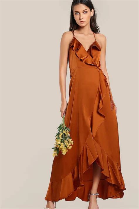 Halter Burnt Orange Long Prom Dress With Flounced Trim Loveangeldress