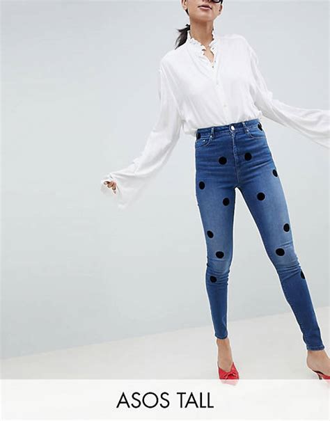 Asos Design Tall Ridley High Waist Skinny Jeans In Dark Stone Wash With Large Flock Spots Asos