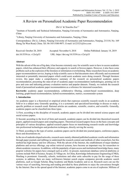 Pdf A Review On Personalized Academic Paper Recommendation