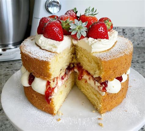 Classic Victoria Sponge With Vanilla Flavorred Cream And Strawberries