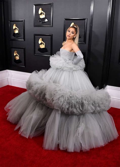 Ariana Grande Red Carpet In A Voluminous Grey Gown Attending The 62nd