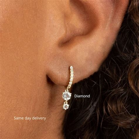 Diamond Huggie Hoop Earrings With Charm14k Solid Gold Etsy