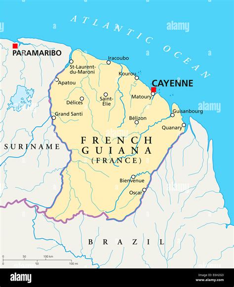 French Guiana Political Map With Capital Cayenne National Borders