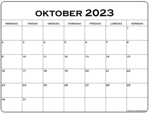 Oktober 2023 Kalender Svenska Kalender Oktober