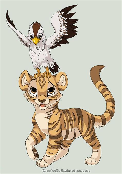 A Bird Sitting On Top Of A Tigers Head And Another Animal Behind It