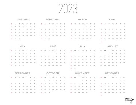 2023 Yearly Printable Calendar Crafty Morning