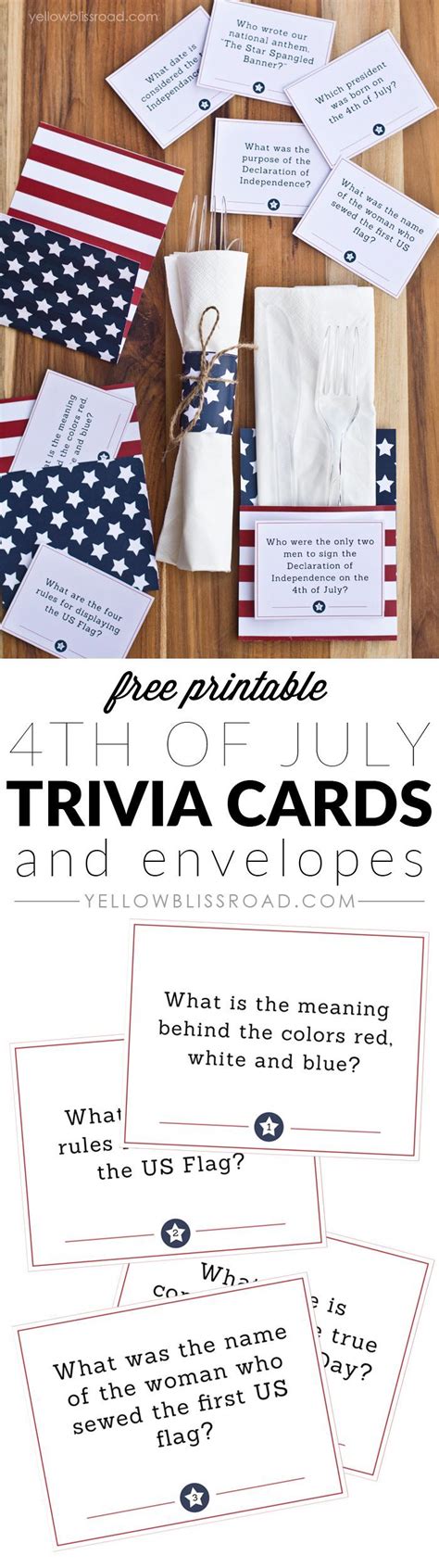 You can use fun questions about the 4th of july as a quiz for people learning about holidays or american history. Free Printable 4th of July Trivia Cards & Utensil Holders | Trivia, Utensils and Free printable