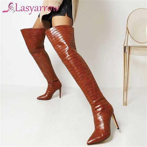 Lasyarrow 2021 Sexy Stiletto Women Thigh Boots Stone Print Zipper Over The Knee Boots Ladies