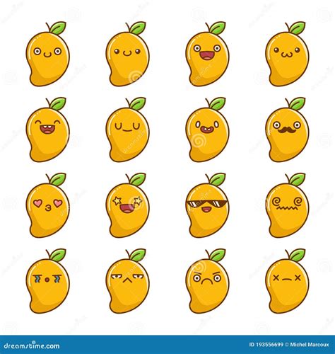 Set Of Fun Kawaii Tropical Mango Fruit Icon Cartoons Stock Vector