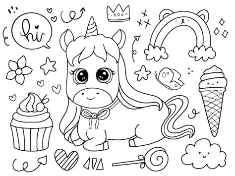 Premium Vector Cute Baby Unicorn Sitting With Cupcake Doodle Drawing