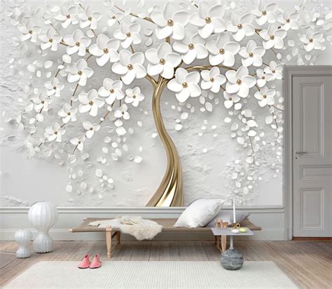 You can create specific accent walls and complement them with faux textures and solid patterns. 3D Gold Tree Floral, White 3D Floral Wall Mural, Wall Art ...