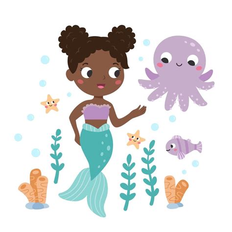 Beautiful Mermaid With Octopus Fish And Starfish Cute Fairy Tale