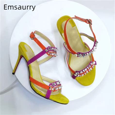 mixed color suede ankle strap sandals women thin high heels sexy open toe cut outs runway shoes