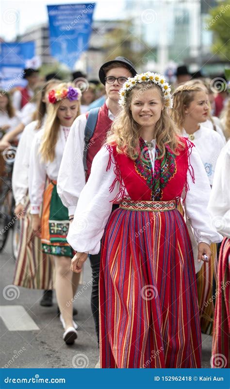 Estonian People In Traditional Clothing Walking The Streets Of Tallinn Editorial Photo