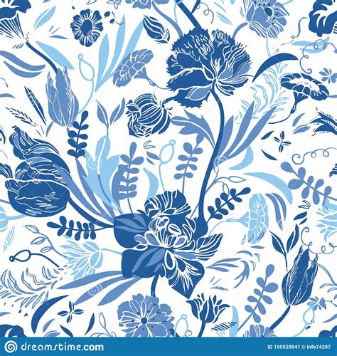 Classic Vintage Porcelain Blue Floral Pattern Royal Hand Drawn Elegant