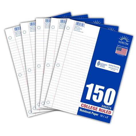 Norcom 5 Pack Filler Paper 150 Sheets College Ruled 105 X 8